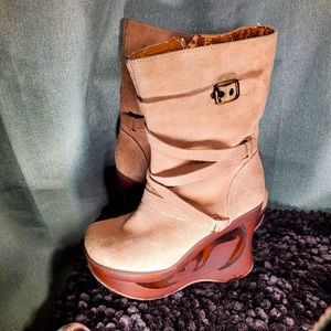 DAKOTA Brand Suede Wood Cutout Platform Boots with Straps